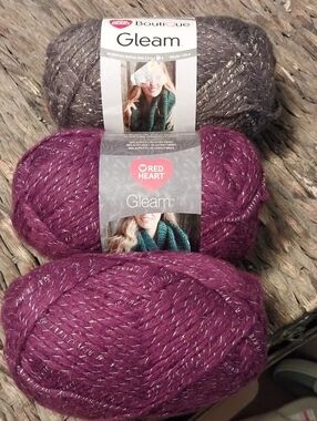 NWT  Red Heart Gleam Yarn - Plum and Gray1 - Soft Metallic Accent